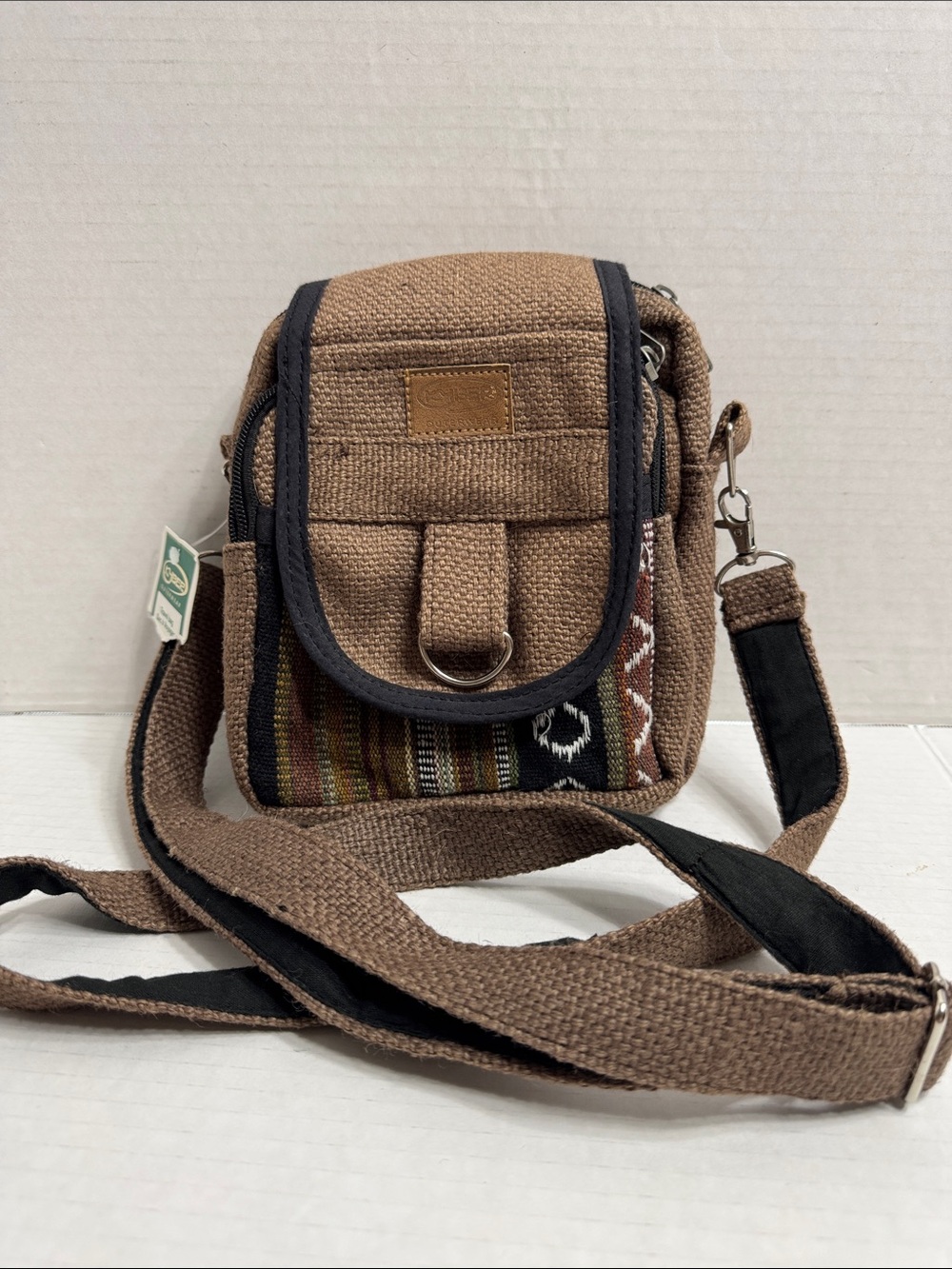 Brown Canvas Crossbody Bag with Woven Tribal Detail